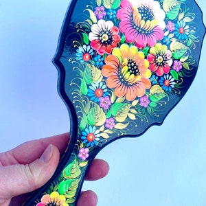 Mirror with wooden handle Handmade One-way cosmetic mirror with handle for girl Make up handheld mirror Petrykivka painting Souvenir Ukraine image 2
