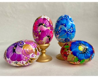 Hand-Painted Wooden Easter Egg Keychain, Ukrainian Petrykivka Floral Art
