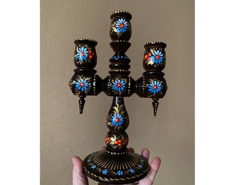 Wooden candlestick dark colored Pattern of blue flowers Petrykivka painting Triple candlestick Handmade Home interior Gift Easter Ukraine