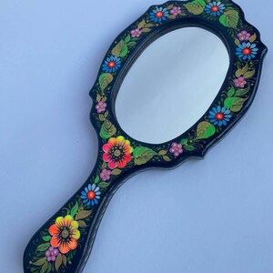 Mirror with wooden handle Handmade One-way cosmetic mirror with handle for girl Make up handheld mirror Petrykivka painting Souvenir Ukraine image 4