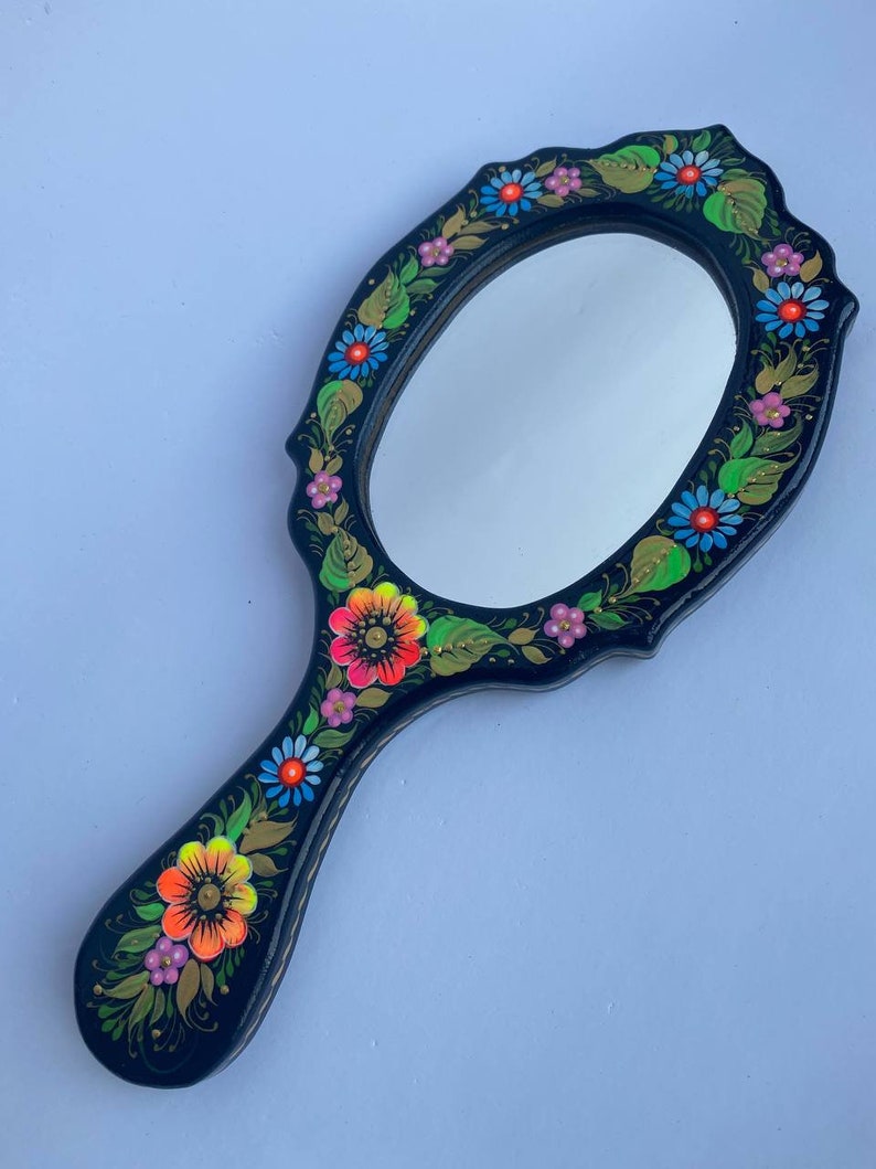 Mirror with wooden handle Handmade One-way cosmetic mirror with handle for girl Make up handheld mirror Petrykivka painting Souvenir Ukraine image 4