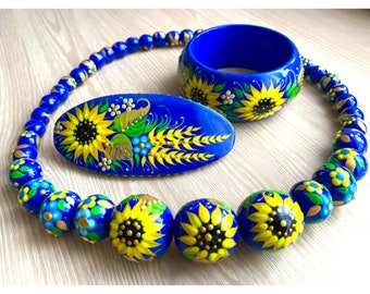 Jewelry for women with wooden Beads Bracelets Barrettes Wooden oval Rectangular blue and yellow Ukrainian souvenir Petrykivka painting