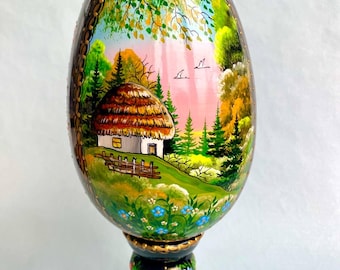 Decorative wooden Easter egg with a stand Egg hand-painted Violet Pink Spring landscape Petrikovsky painting Ukrainian souvenir Gift 2025
