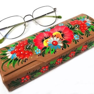 Hand painted glasses case Case for sunglasses Wooden on a magnet Red flowers Gift for March 8 Birthday present Petrykivka painting Ukraine