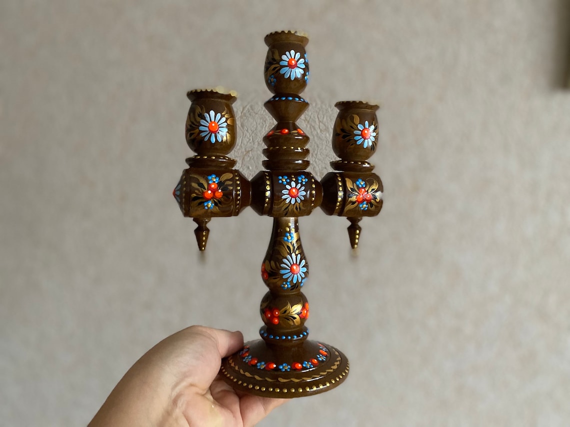 Wooden Candlestick Light Colored Pattern of Blue Flowers Petrykivka ...