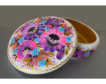white round casket Handmade Gift set is hand painted Souvenir from Ukraine Gift for a woman Casket with purple pink flowers Mother&#39;s Day