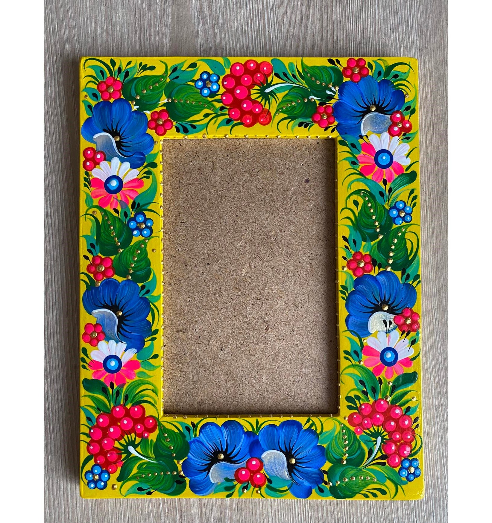 Hand Painted Wooden Photo Frame: Petrykivka Floral Art (4x6