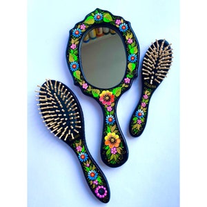 Mirror with wooden handle Handmade One-way cosmetic mirror with handle for girl Make up handheld mirror Petrykivka painting Souvenir Ukraine image 1