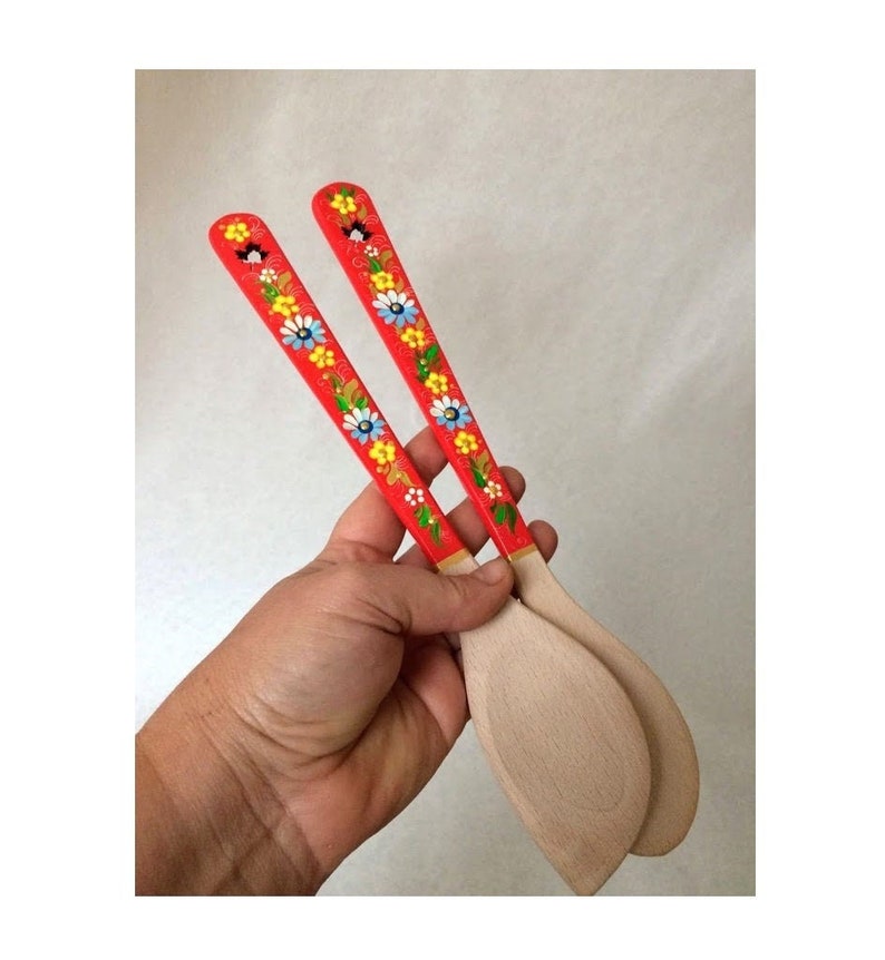 Handmade Wooden Spatula with Petrykivka Floral Painting set of two paddles