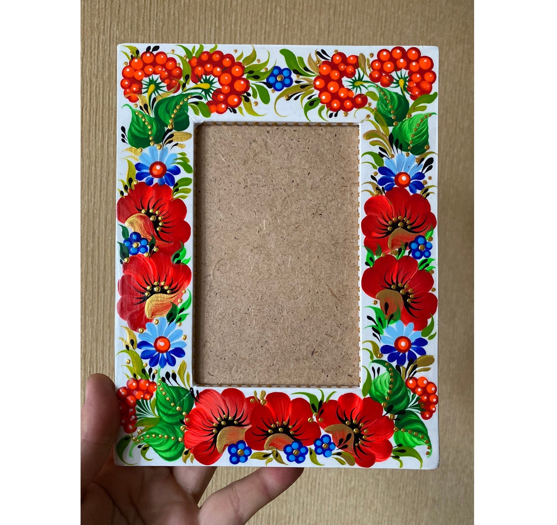 Hand Painted Wooden Photo Frame, Viburnum and Poppy Petrykivka Art