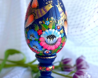 Hand-Painted Easter Egg with Stand, Ukrainian Petrykivka Art