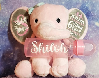 Elefante de peluche con biberón y estadísticas de nacimiento personalizadas, regalo personalizado para bebé, elefante de peluche con estadísticas de nacimiento, elefante de peluche con estadísticas de nacimiento