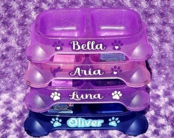 Personalized Pet Bowl, Sparkly Custom 2 Section Cat or Dog Dish with Non-Slip Anti Slide Bottom, Sparkly Food or Water Dish, Pet Lovers Gift