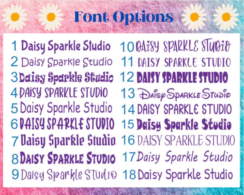Puede incluir: Un gr&aacute;fico que muestra 18 opciones de fuente diferentes para el texto "Daisy Sparkle Studio". Las fuentes van desde casuales hasta formales, algunas con un efecto de brillo.