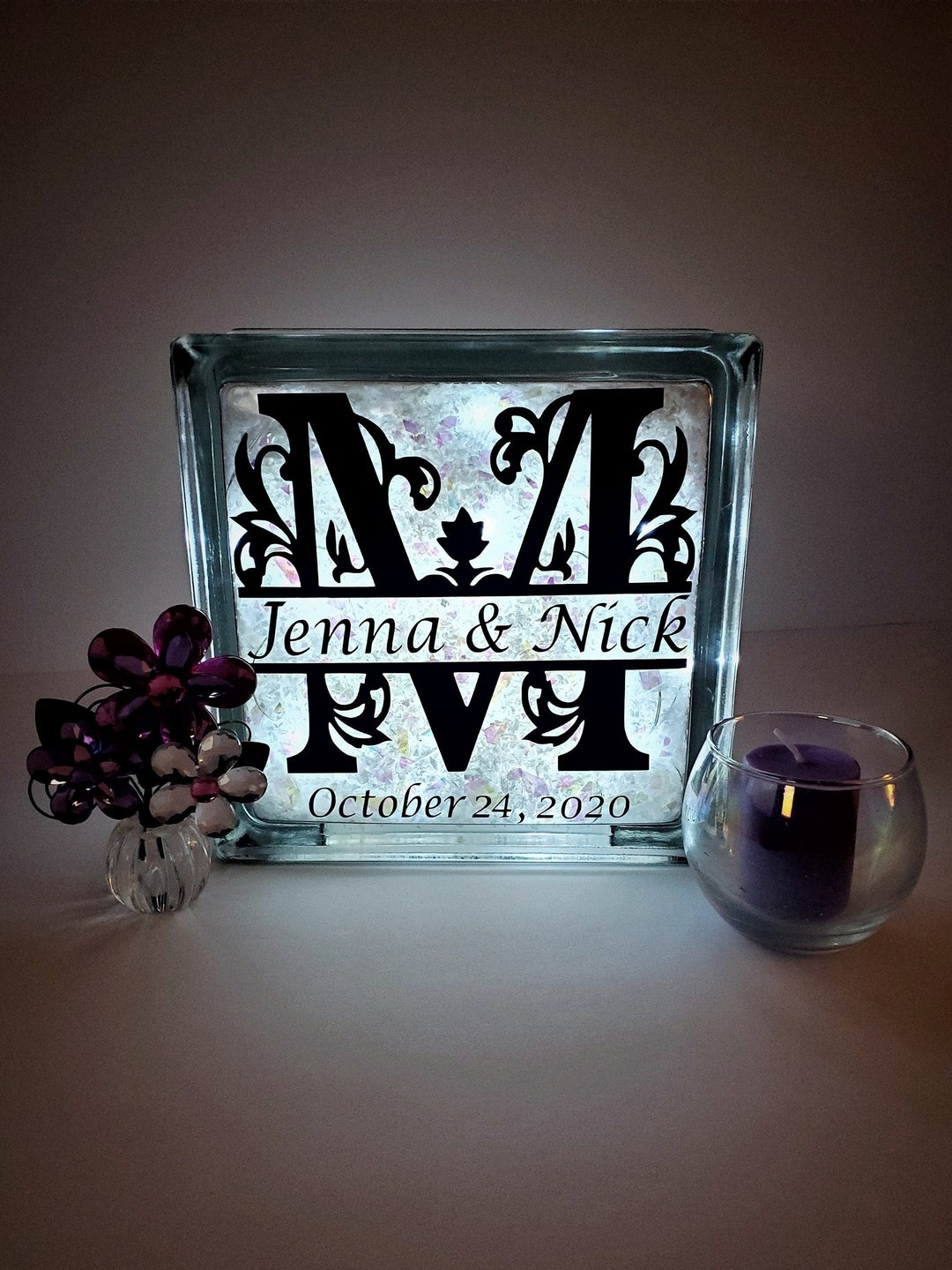 Personalized Light up Glass Block, Wedding Glass Block, Custom