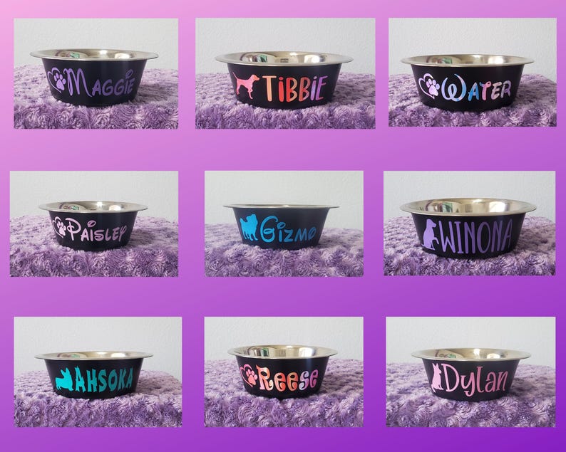Puede incluir: Nueve cuencos de acero inoxidable personalizados para perros con base negra y huellas de patas y nombres coloridos. Los nombres son: Maggie, Tibbie, Water, Paisley, Gizmo, Winona, Ahsoka, Reese y Dylan.
