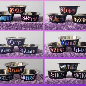 Puede incluir: Diez cuencos de acero inoxidable para mascotas con nombres personalizados. Los cuencos son negros con letras blancas. Los nombres son Sadie, Mike, Kitten, Tikka, Winnie, Remi, Otter, Moka, Lulu, Rona, Bailey, Halo, Samhain, Selina, Keira, Tilly, Mama Bear y Tiggy.
