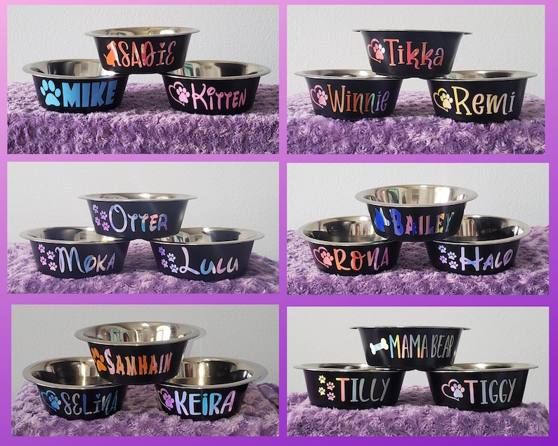 Puede incluir: Diez cuencos de acero inoxidable para mascotas con nombres personalizados. Los cuencos son negros con letras blancas. Los nombres son Sadie, Mike, Kitten, Tikka, Winnie, Remi, Otter, Moka, Lulu, Rona, Bailey, Halo, Samhain, Selina, Keira, Tilly, Mama Bear y Tiggy.