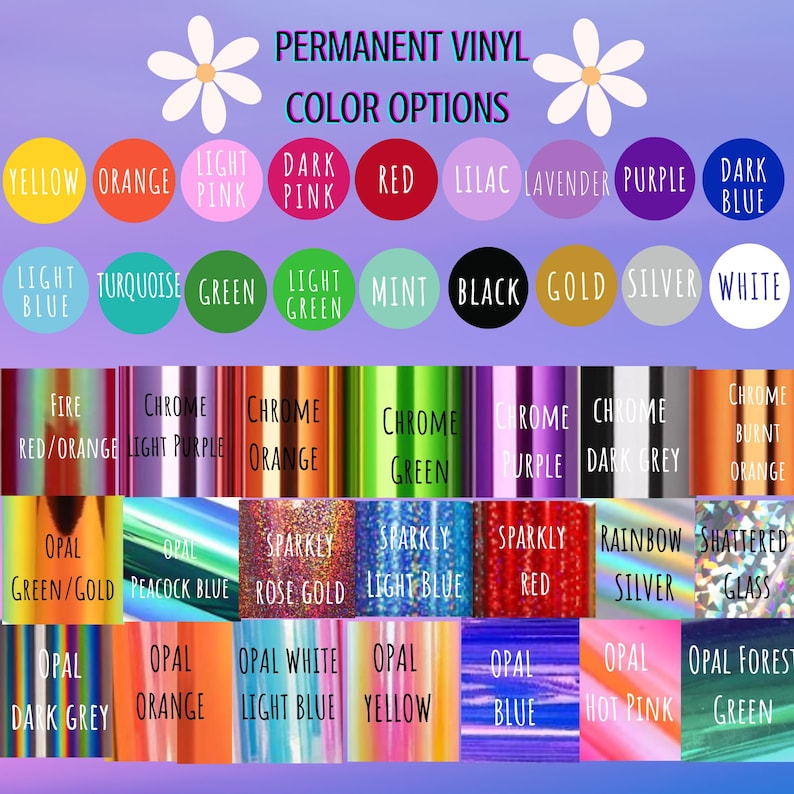 Puede incluir: Una tabla de colores de vinilo permanente para proyectos de manualidades. La tabla incluye una variedad de colores, incluyendo amarillo, naranja, rosa, rojo, lila, lavanda, morado, azul oscuro, turquesa, verde, menta, negro, oro, plata, blanco, rojo/naranja fuego, cromo morado claro, cromo naranja, cromo verde, cromo morado, cromo gris oscuro, cromo naranja quemado, &oacute;palo verde/oro, &oacute;palo azul pavo real, oro rosa brillante, azul claro brillante, rojo brillante, plata arco&iacute;ris, vidrio roto, &oacute;palo gris oscuro, &oacute;palo naranja, &oacute;palo blanco azul claro, &oacute;palo amarillo, &oacute;palo azul, &oacute;palo rosa caliente y &oacute;palo verde bosque.