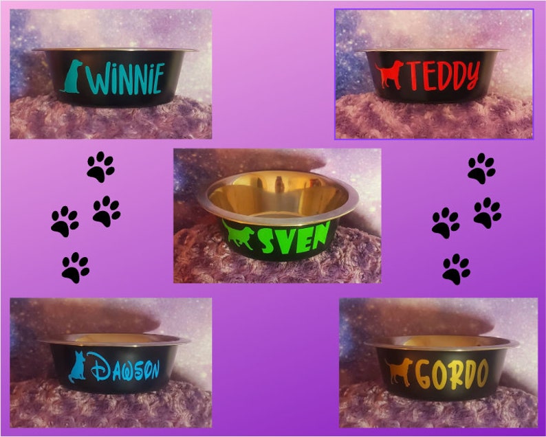 Puede incluir: Cuatro cuencos para mascotas de acero inoxidable con base negra y nombres personalizados en diferentes colores. Los nombres son "Winnie", "Teddy", "Sven" y "Dawson".