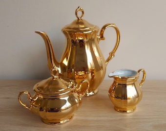 Vintage 1950s Bavarian Gold Tea Set, Bareuther Porcelain, Teapot, Creamer and Sugar Bowl