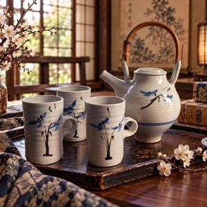 May include: A ceramic tea set consisting of a teapot with a curved bamboo handle and two matching mugs. The off-white glazed pieces feature hand-painted blue and black floral motifs. The teapot has a lid and a side spout, while the mugs are cylindrical with side handles, all showcasing a consistent artistic design.