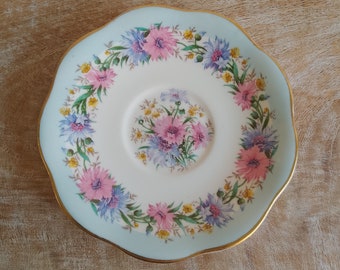 EB Foley Cornflower blue saucer, floral on blue, Bone China, Made in England