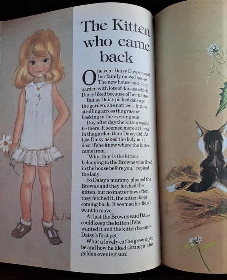 May include: A colorful illustration of a young girl with a white dress and a kitten. The text reads "The Kitten who came back" and tells the story of a kitten who keeps returning to a new home.