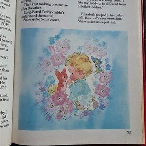 May include: A young child with blonde hair is holding a small, brown teddy bear. The child is wearing a light blue shirt and is surrounded by pink and purple flowers. The background is a light blue sky. The text "No, gurgled Toddler Tom, "I like my Teddy to be different from all other teddies."
