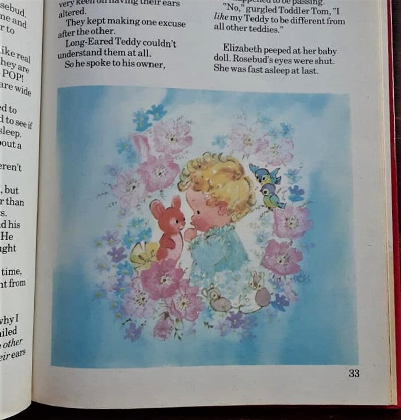 May include: A young child with blonde hair is holding a small, brown teddy bear. The child is wearing a light blue shirt and is surrounded by pink and purple flowers. The background is a light blue sky. The text "No, gurgled Toddler Tom, "I like my Teddy to be different from all other teddies."