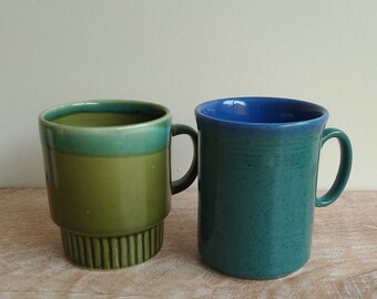 Two Vintage 1970s Mugs in blue and green tones, Just Mugs