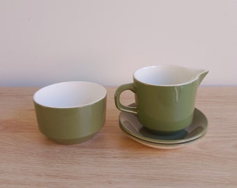 Vintage Crown Lynn Colour Glaze, Olive Green, Creamer, Open Sugar Bowl and 2 butter dishes