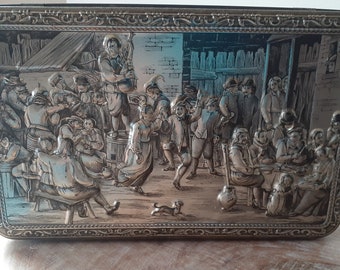 Vintage Collectible Tin, Teniers, Flemish Kermess, Made in Belgium, GBC, rectangular biscuit tin, high relief figures, Tavern Scene