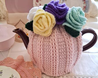 Handmade Tea Cosy with Crocheted Roses | Cottagecore Floral Tea Country Cottage Kitchen Decor Shabby