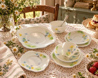Może przedstawiać: Zestaw naczyń z białej porcelany ozdobiony delikatnym wzorem żółtych i niebieskich polnych kwiatów z akcentami zielonej trawy. Kolekcja obejmuje duży kwadratowy talerz, małe spodki, filiżankę do herbaty oraz miseczkę z falistymi brzegami.