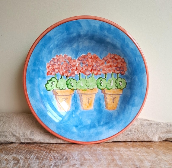 Vintage Christopher Vine Bowl With Potted Geraniums Hand Painted - Main Image