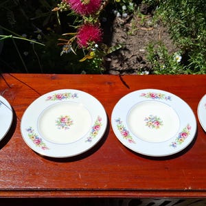 Może przedstawiać: Cztery talerze porcelanowe w stylu vintage z jasnoniebieską obwódką i kwiatowym wzorem. Talerze mają kremowy środek z małym bukietem kwiatów. Talerze ułożone są na ciemnobrązowej drewnianej powierzchni.