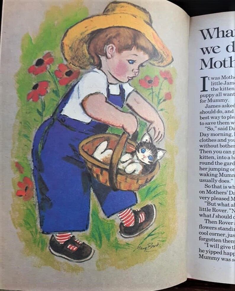 May include: A young boy in a blue overall and a yellow straw hat carries a basket with a kitten inside. The boy is walking through a garden with red flowers. The text in the image reads "What we do for Mother"