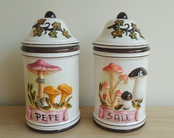 Vintage Italian Salt and Pepper Ceramic Canister Set with mushrooms in relief