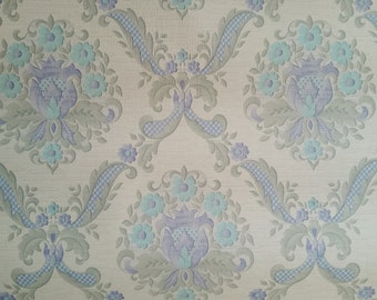 Vintage Wallpaper 1960s, turquoise flowers with grey scrolls and leaves, blue and grey gingham design