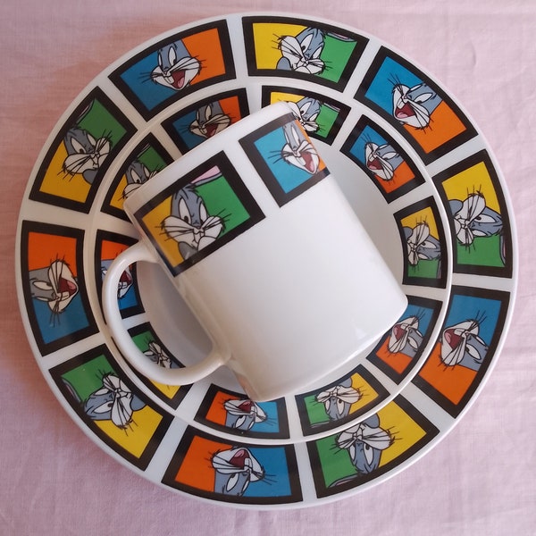 Vintage Bugs Bunny Warner Bros Looney Tunes Dinnerware, ceramic plate, bowl and mug, made by Gibson Housewares 1999