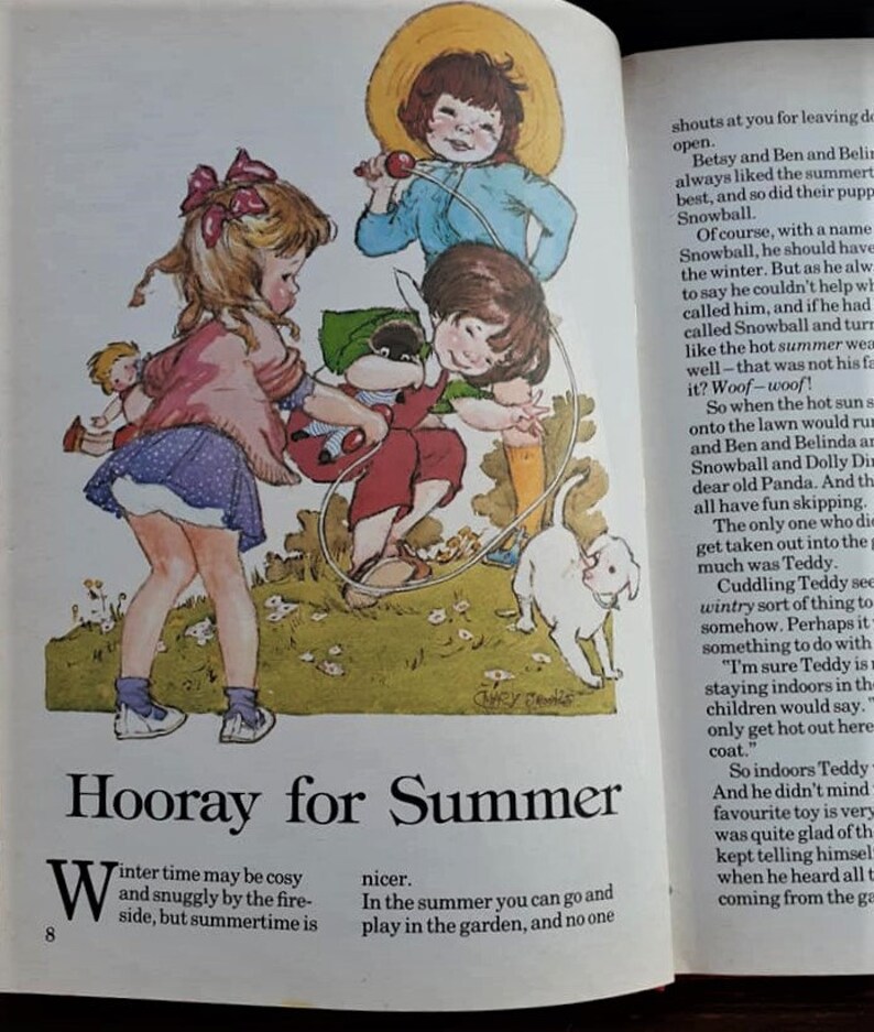 May include: An illustration of three children playing with a jump rope in a garden. The children are wearing colorful clothing and have bright smiles. A white dog is sitting in the background. The text "Hooray for Summer" is printed at the bottom of the image.