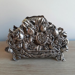 Vintage Silver Napkin Holder with roses in a basket