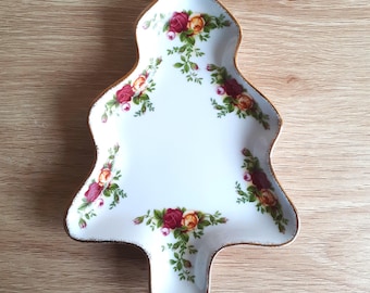 Vintage Royal Albert Christmas Tree shaped dish, Old Country Roses