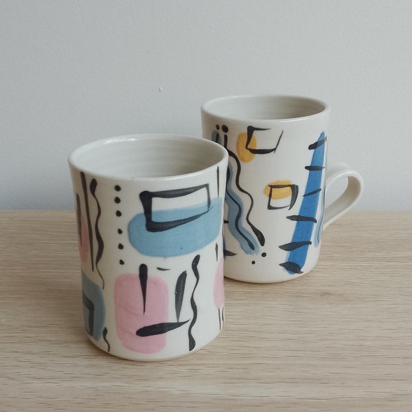 Vintage 1980s Virginia Maywald Mugs, Australian Pottery, hand painted ceramics, signed