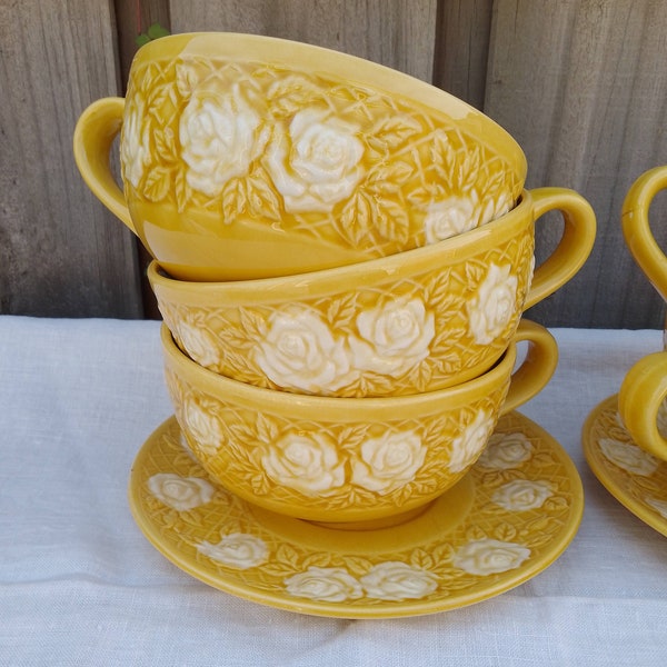 Unique Giant Retro Tea Set, Six Teacups and Saucers, Mustard coloured tea set with white roses, Made in Japan