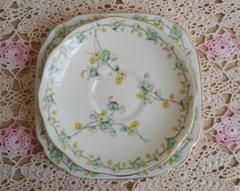 Vintage Royal Albert Saucer and Plate, Yellow and Green Blossoms, Crown China, England, 1920s-30s