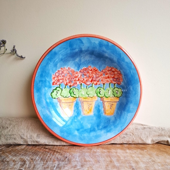 Vintage Christopher Vine Bowl With Potted Geraniums Hand Painted