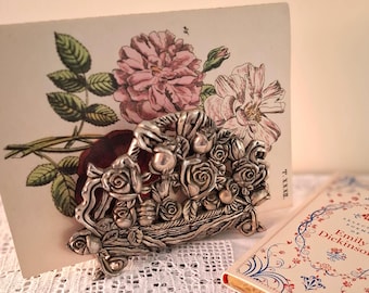 Vintage Silver Rose Napkin Holder | Ornate Floral Letter Rack | Romantic Vintage Display