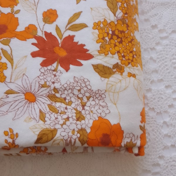 Vintage orange floral flannelette flat sheet / craft fabric